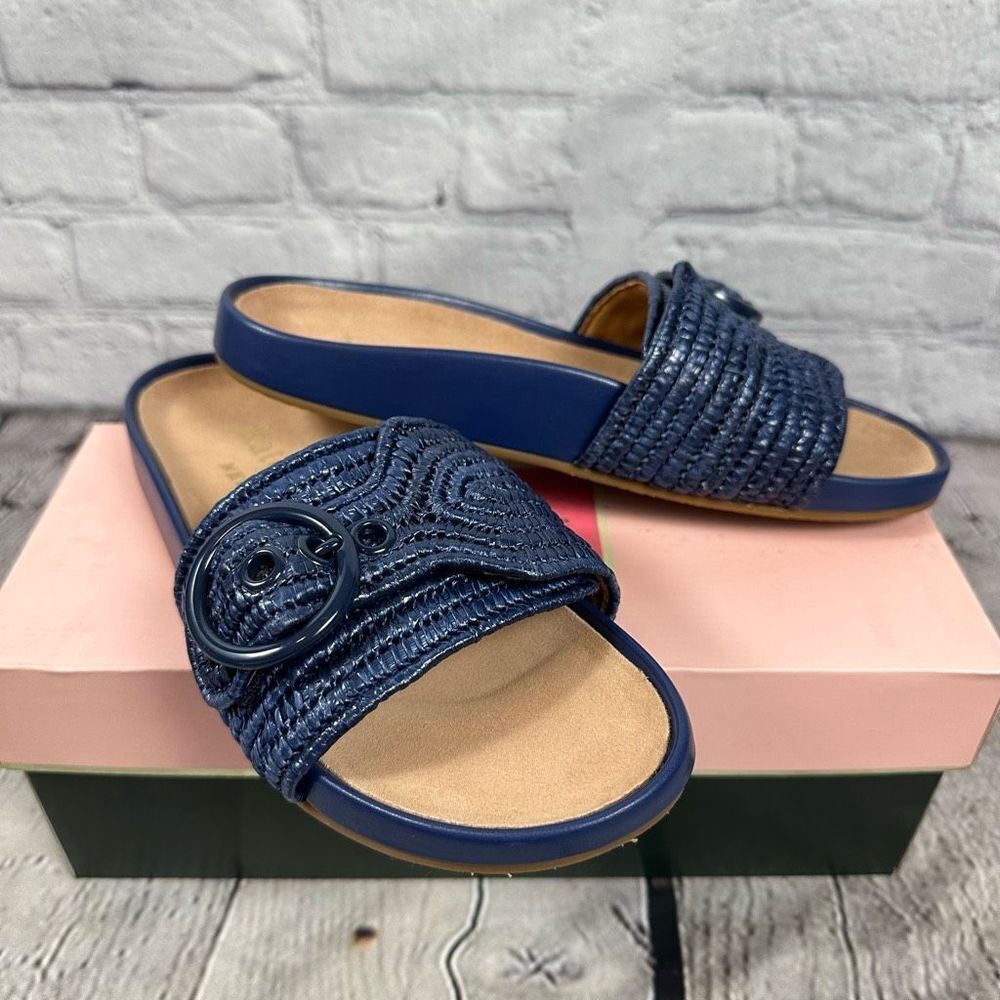 Kate Spade Women’s Slides Maribelle Raffia Outerspace Blue Sandals NEW